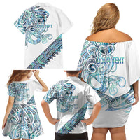 Kahui Whetu Paua shell Kowhaiwhai Taniko Personalised Family Matching Off Shoulder Short Dress and Hawaiian Shirt Taniwha Maori Tribal Style