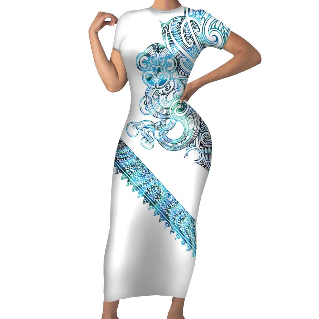 Kahui Whetu Paua shell Kowhaiwhai Taniko Personalised Family Matching Short Sleeve Bodycon Dress and Hawaiian Shirt Taniwha Maori Tribal Style