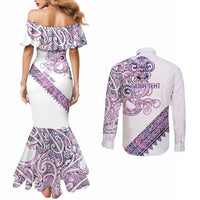 Mawhero Paua shell Kowhaiwhai Taniko Personalised Couples Matching Mermaid Dress and Long Sleeve Button Shirt Taniwha Maori Tribal Style