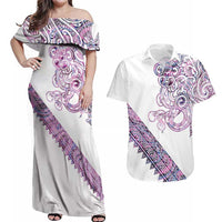 Mawhero Paua shell Kowhaiwhai Taniko Personalised Couples Matching Off Shoulder Maxi Dress and Hawaiian Shirt Taniwha Maori Tribal Style