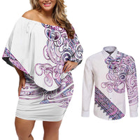 Mawhero Paua shell Kowhaiwhai Taniko Personalised Couples Matching Off Shoulder Short Dress and Long Sleeve Button Shirt Taniwha Maori Tribal Style