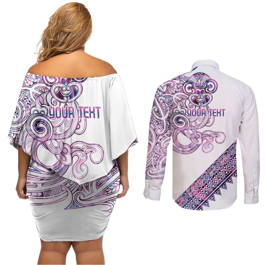 Mawhero Paua shell Kowhaiwhai Taniko Personalised Couples Matching Off Shoulder Short Dress and Long Sleeve Button Shirt Taniwha Maori Tribal Style