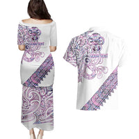 Mawhero Paua shell Kowhaiwhai Taniko Personalised Couples Matching Puletasi and Hawaiian Shirt Taniwha Maori Tribal Style