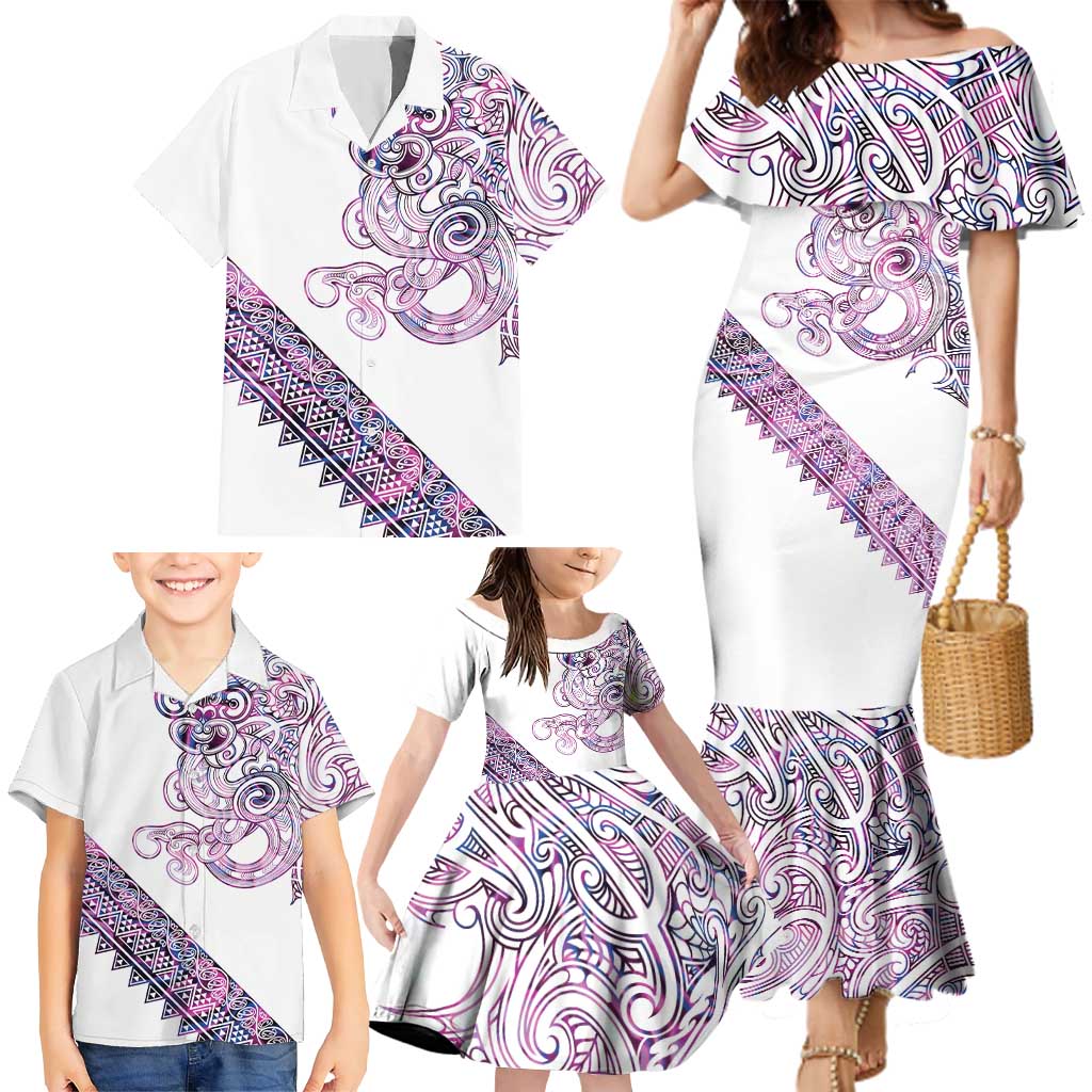 Mawhero Paua shell Kowhaiwhai Taniko Personalised Family Matching Mermaid Dress and Hawaiian Shirt Taniwha Maori Tribal Style