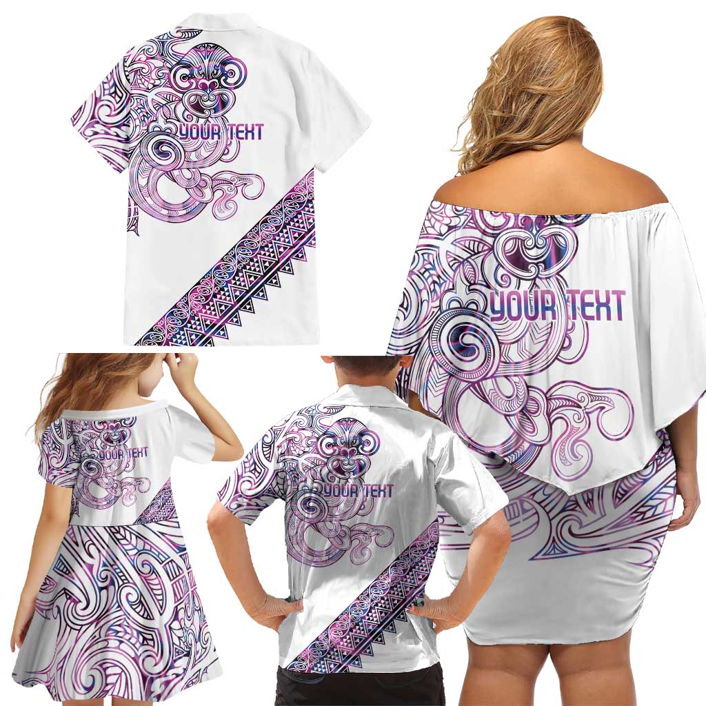 Mawhero Paua shell Kowhaiwhai Taniko Personalised Family Matching Off Shoulder Short Dress and Hawaiian Shirt Taniwha Maori Tribal Style