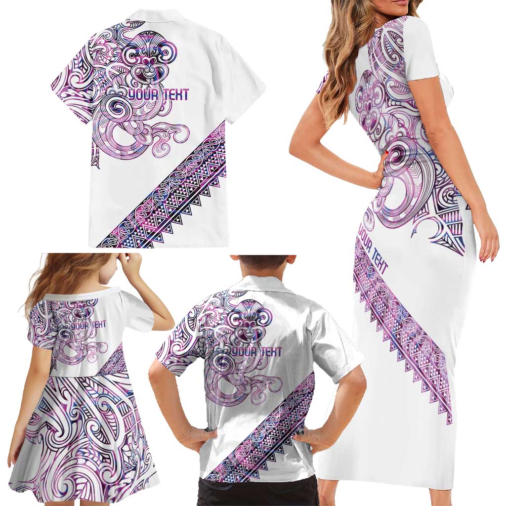 Mawhero Paua shell Kowhaiwhai Taniko Personalised Family Matching Short Sleeve Bodycon Dress and Hawaiian Shirt Taniwha Maori Tribal Style