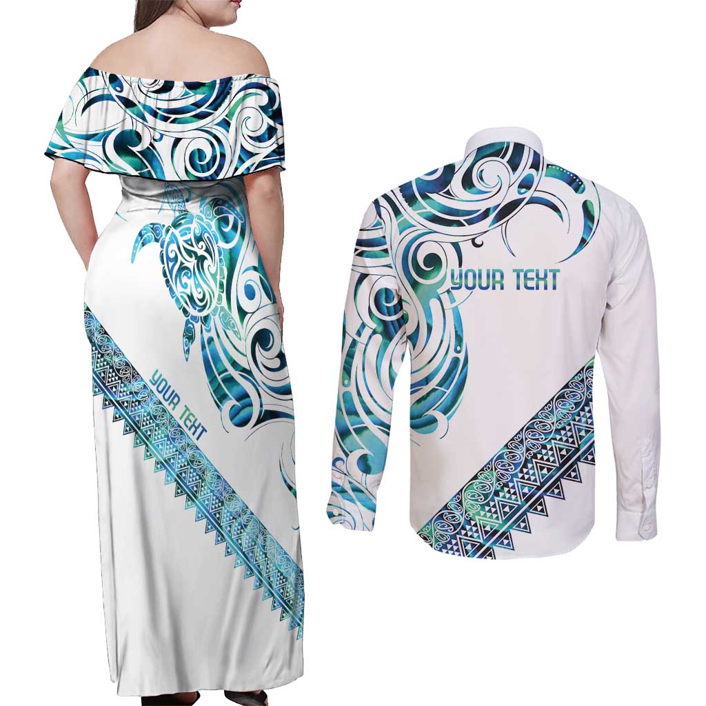 Kahui Whetu Paua shell Kowhaiwhai Taniko Personalised Couples Matching Off Shoulder Maxi Dress and Long Sleeve Button Shirt Turtle Tattoo Maori Tribal Style