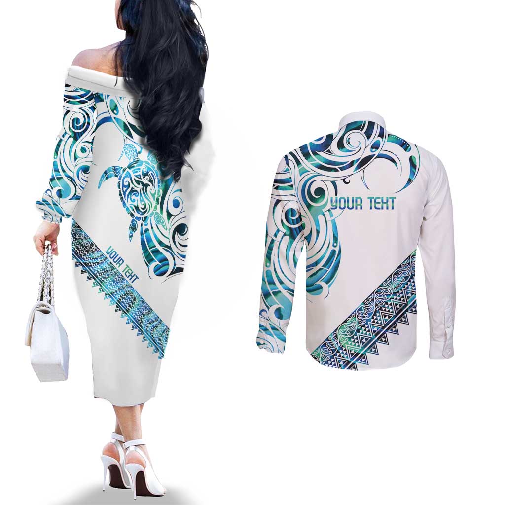 Kahui Whetu Paua shell Kowhaiwhai Taniko Personalised Couples Matching Off The Shoulder Long Sleeve Dress and Long Sleeve Button Shirt Turtle Tattoo Maori Tribal Style