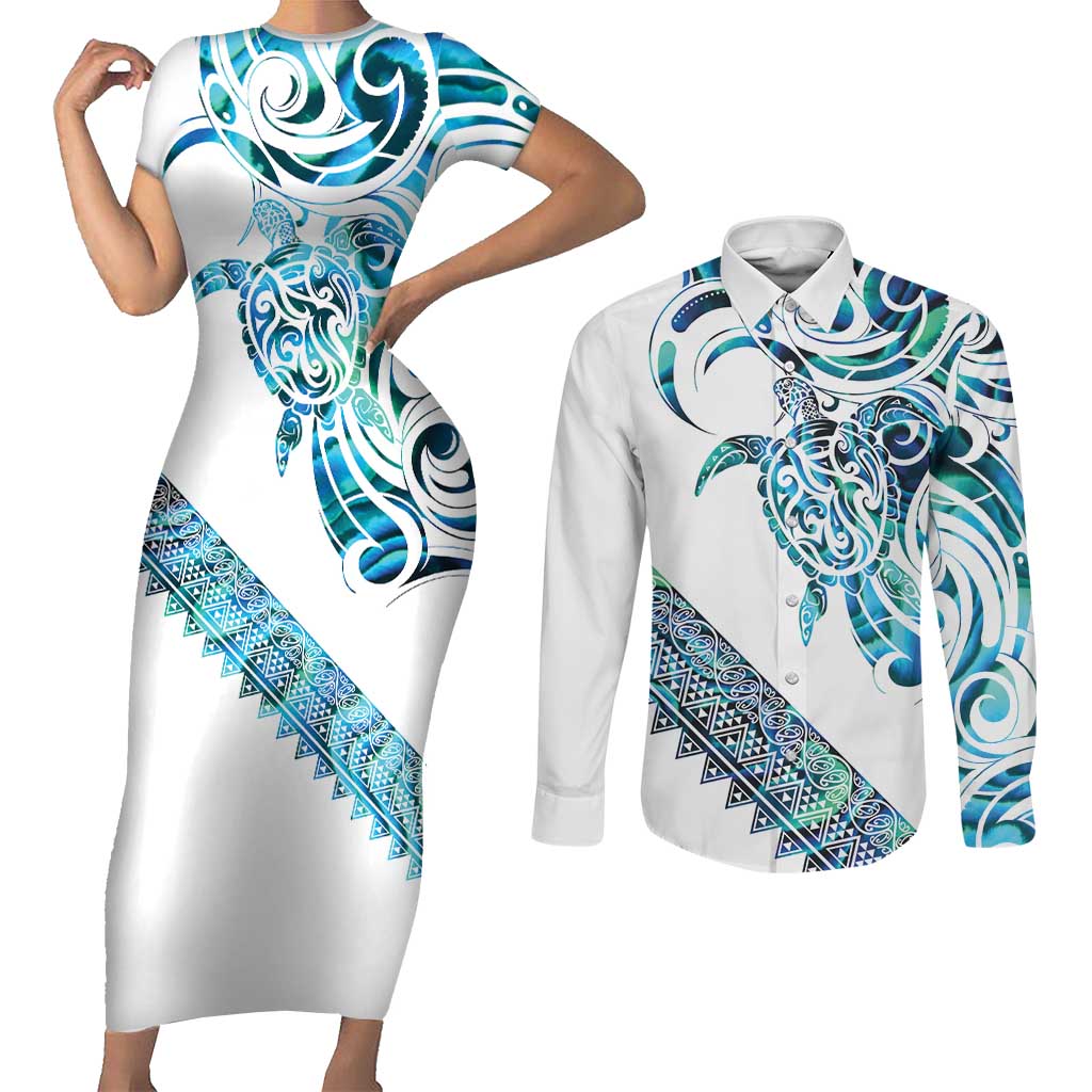 Kahui Whetu Paua shell Kowhaiwhai Taniko Personalised Couples Matching Short Sleeve Bodycon Dress and Long Sleeve Button Shirt Turtle Tattoo Maori Tribal Style