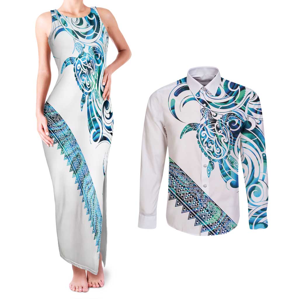 Kahui Whetu Paua shell Kowhaiwhai Taniko Personalised Couples Matching Tank Maxi Dress and Long Sleeve Button Shirt Turtle Tattoo Maori Tribal Style