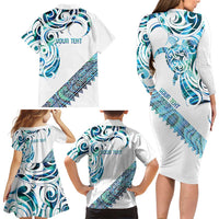 Kahui Whetu Paua shell Kowhaiwhai Taniko Personalised Family Matching Long Sleeve Bodycon Dress and Hawaiian Shirt Turtle Tattoo Maori Tribal Style