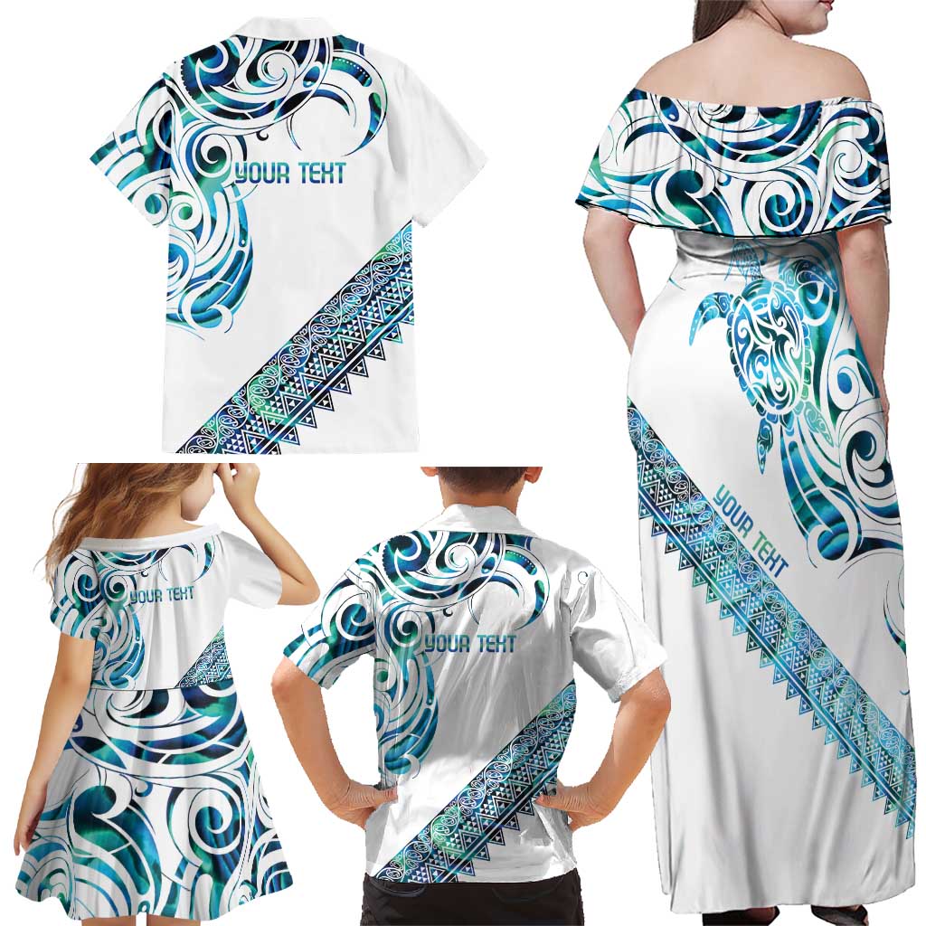 Kahui Whetu Paua shell Kowhaiwhai Taniko Personalised Family Matching Off Shoulder Maxi Dress and Hawaiian Shirt Turtle Tattoo Maori Tribal Style
