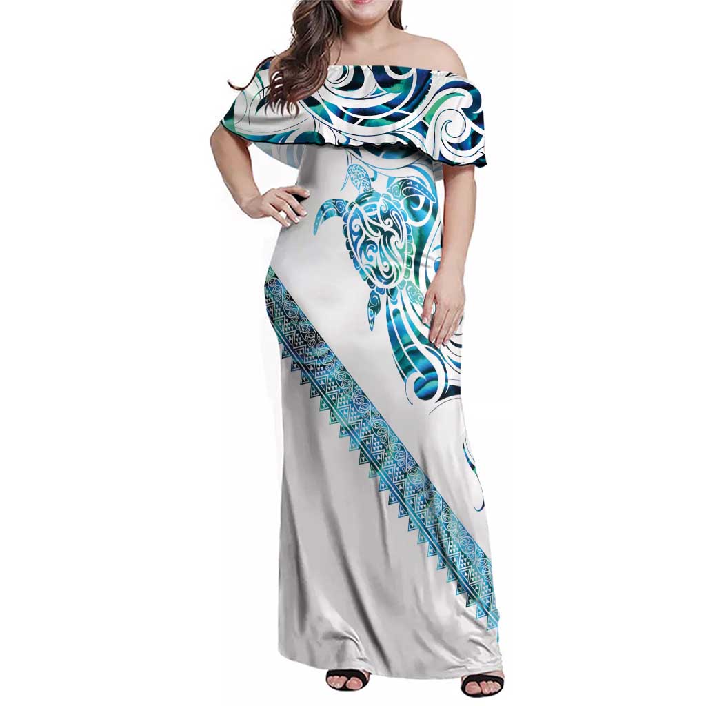 Kahui Whetu Paua shell Kowhaiwhai Taniko Personalised Family Matching Off Shoulder Maxi Dress and Hawaiian Shirt Turtle Tattoo Maori Tribal Style