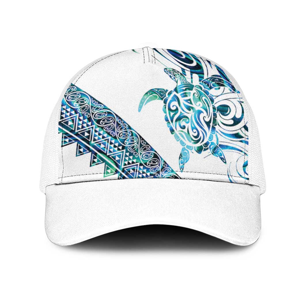 Kahui Whetu Paua shell Kowhaiwhai Taniko Mesh Trucker Cap Turtle Tattoo Maori Tribal Style LT9 One Size White Blue - Polynesian Pride