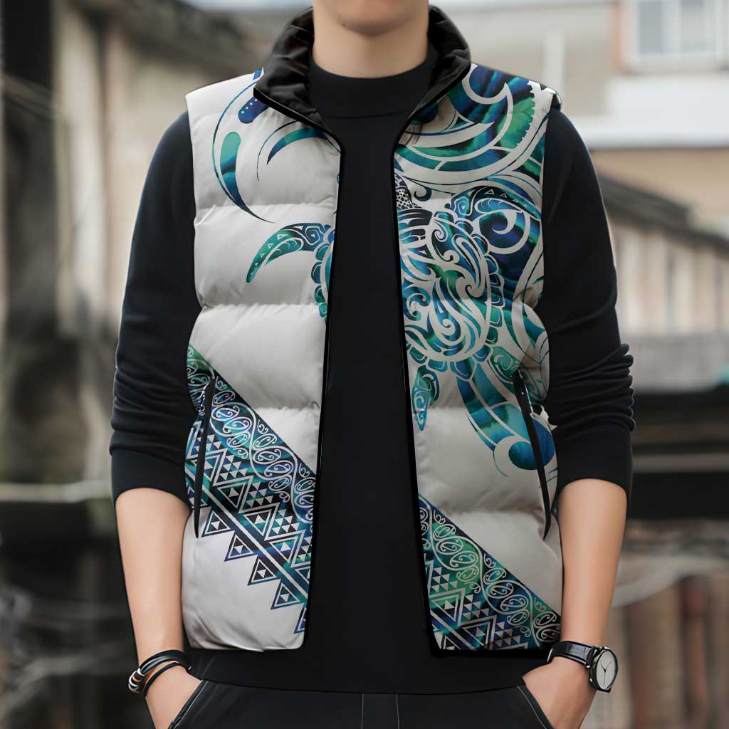 Kahui Whetu Paua shell Kowhaiwhai Taniko Personalised Sleeveless Puffer Jacket Turtle Tattoo Maori Tribal Style