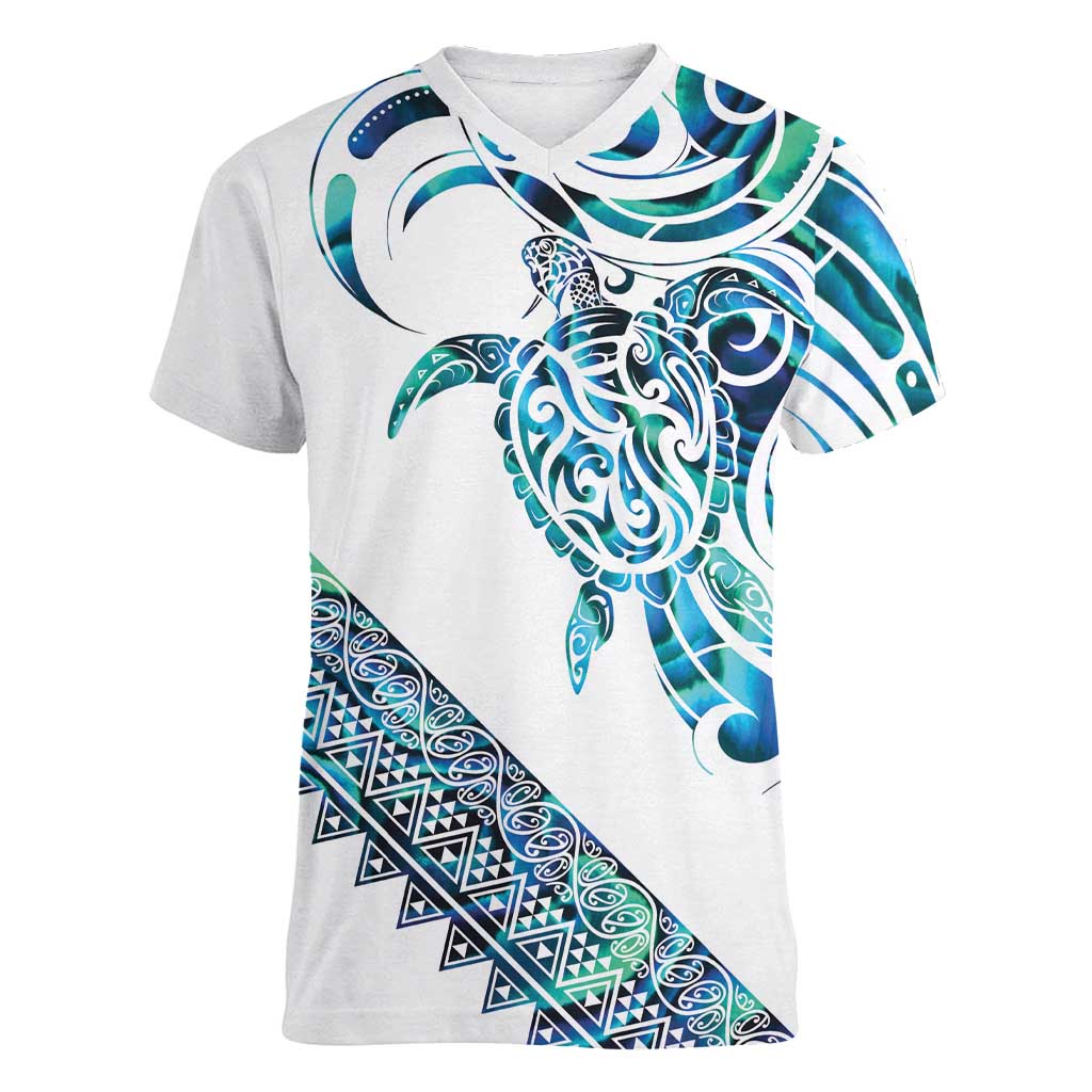 Kahui Whetu Paua shell Kowhaiwhai Taniko Personalised Women V-Neck T-Shirt Turtle Tattoo Maori Tribal Style LT9 Female Blue - Polynesian Pride
