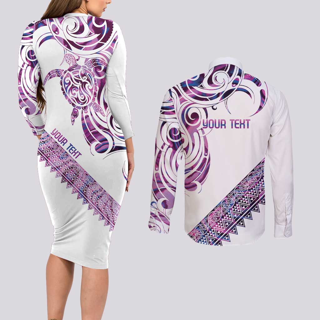 Mawhero Paua shell Kowhaiwhai Taniko Personalised Couples Matching Long Sleeve Bodycon Dress and Long Sleeve Button Shirt Turtle Tattoo Maori Tribal Style