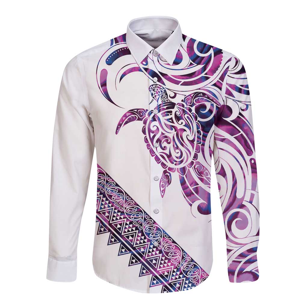 Mawhero Paua shell Kowhaiwhai Taniko Personalised Long Sleeve Button Shirt Turtle Tattoo Maori Tribal Style LT9 Unisex Pink - Polynesian Pride