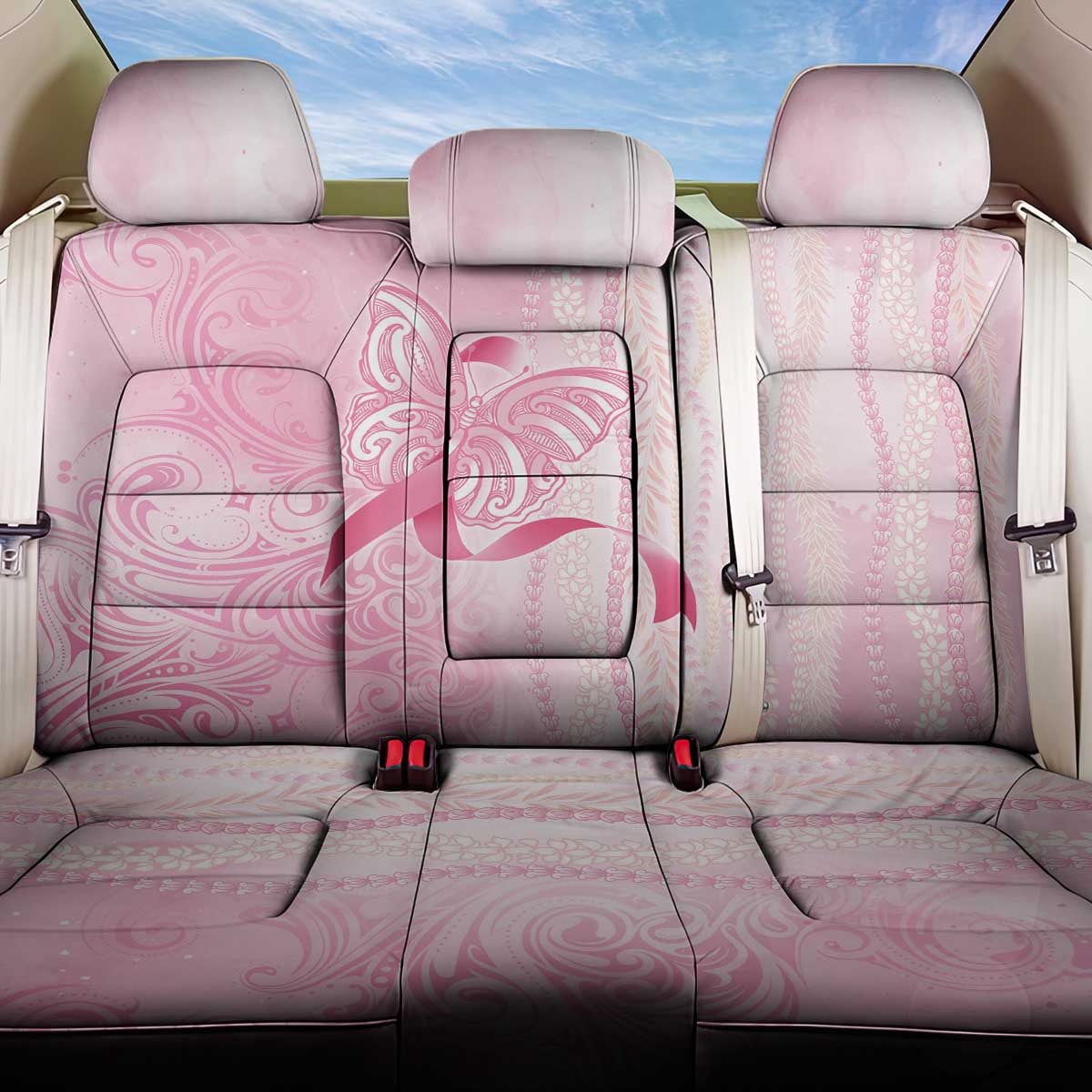 Breast Cancer Awareness Back Car Seat Cover Maile Pikake Lokelani Crown Flower Lei Inspired
