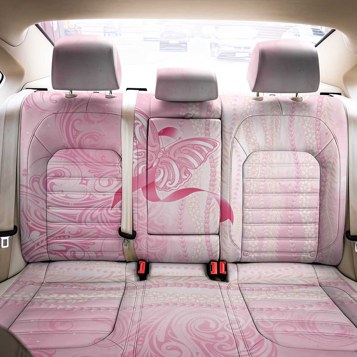 Breast Cancer Awareness Back Car Seat Cover Maile Pikake Lokelani Crown Flower Lei Inspired