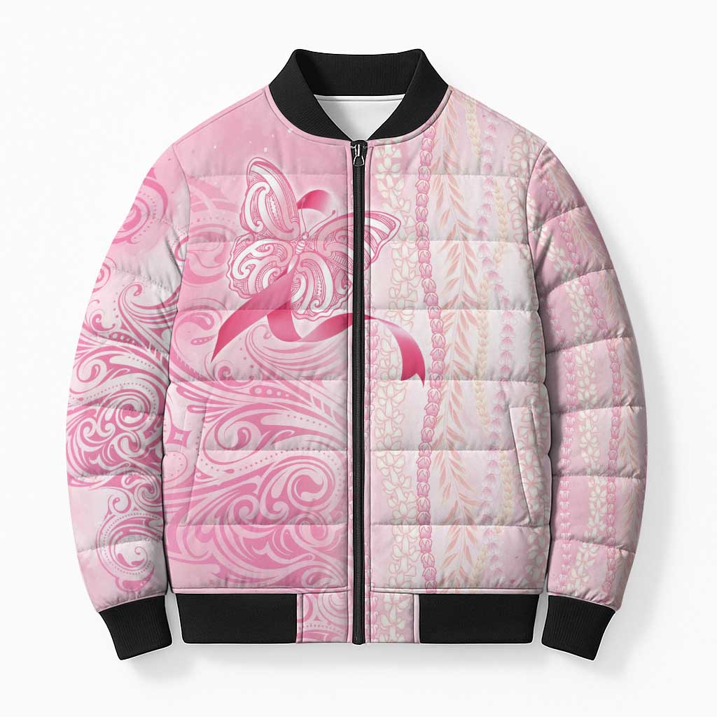 Breast Cancer Awareness Bomber Puffer Jacket Maile Pikake Lokelani Crown Flower Lei Inspired