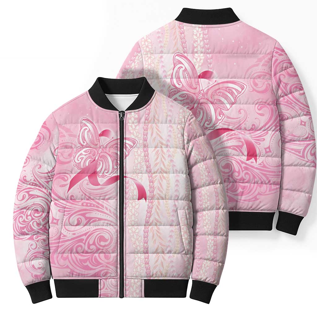 Breast Cancer Awareness Bomber Puffer Jacket Maile Pikake Lokelani Crown Flower Lei Inspired