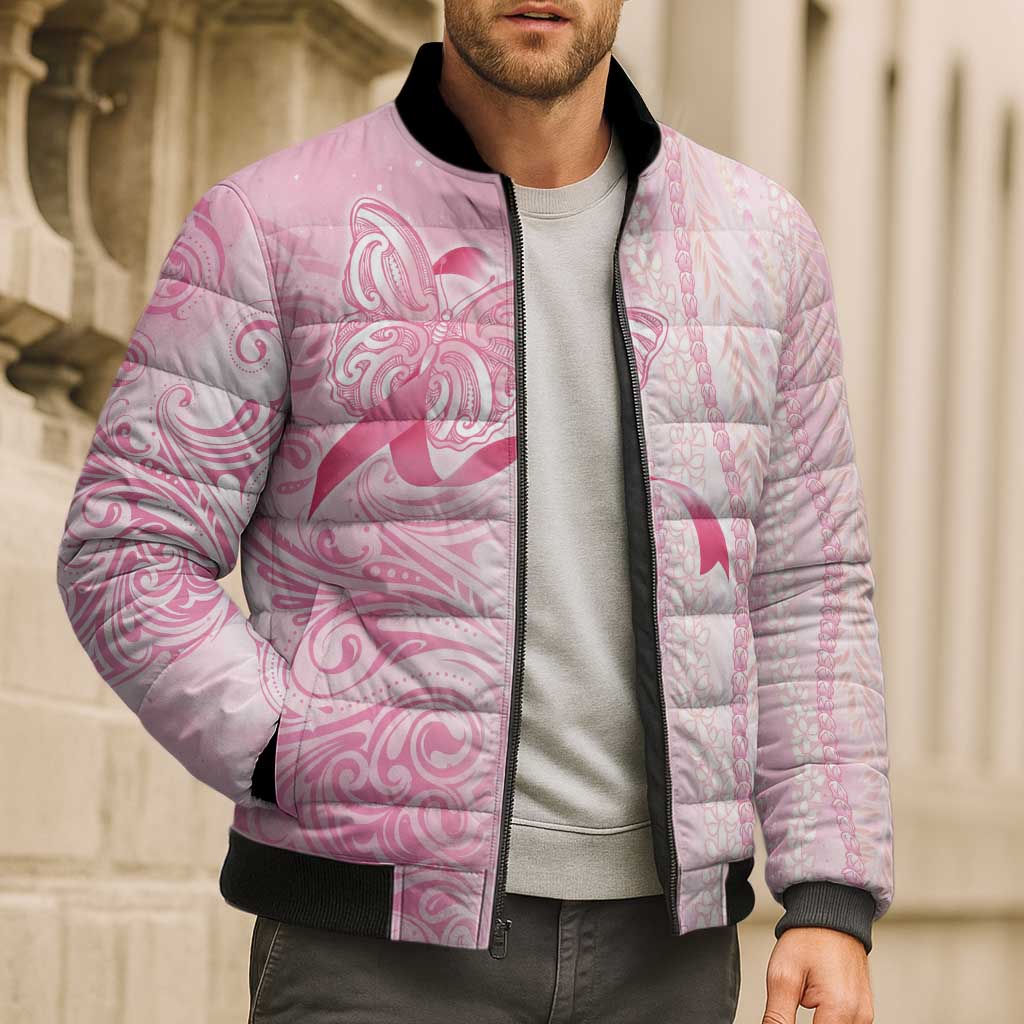 Breast Cancer Awareness Bomber Puffer Jacket Maile Pikake Lokelani Crown Flower Lei Inspired