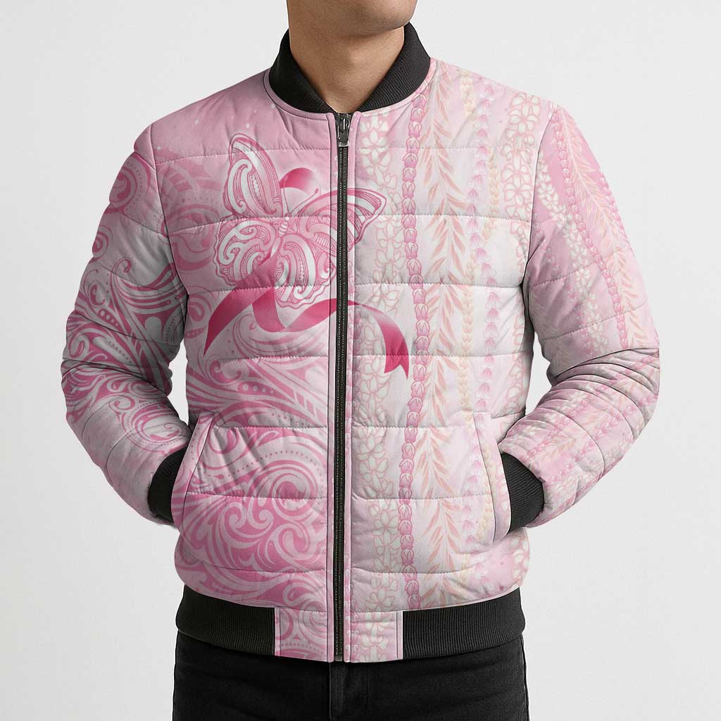Breast Cancer Awareness Bomber Puffer Jacket Maile Pikake Lokelani Crown Flower Lei Inspired