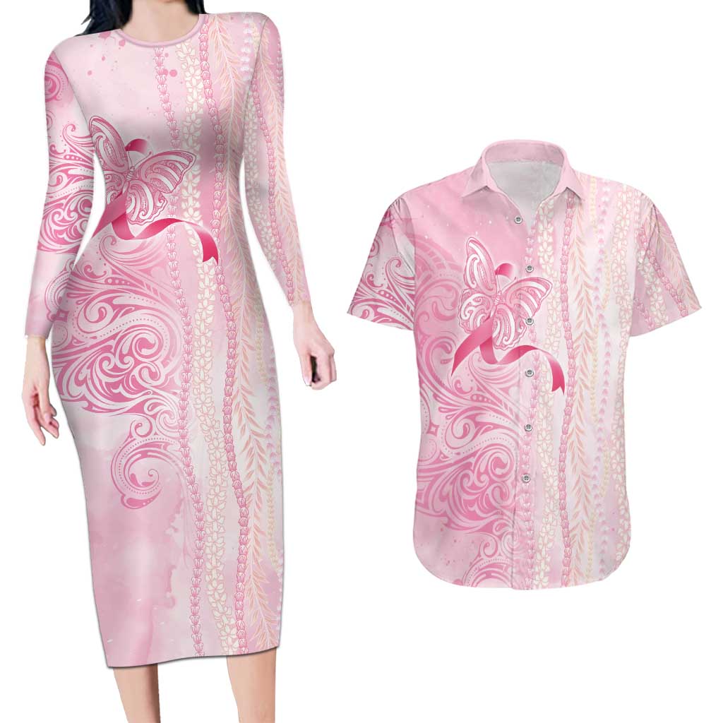 Breast Cancer Awareness Couples Matching Long Sleeve Bodycon Dress and Hawaiian Shirt Maile Pikake Lokelani Crown Flower Lei Inspired LT9 Pink - Polynesian Pride