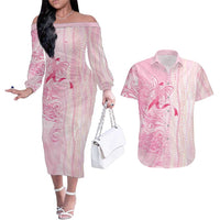 Breast Cancer Awareness Couples Matching Off The Shoulder Long Sleeve Dress and Hawaiian Shirt Maile Pikake Lokelani Crown Flower Lei Inspired