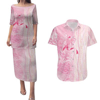 Breast Cancer Awareness Couples Matching Puletasi and Hawaiian Shirt Maile Pikake Lokelani Crown Flower Lei Inspired