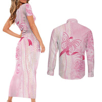 Breast Cancer Awareness Couples Matching Short Sleeve Bodycon Dress and Long Sleeve Button Shirt Maile Pikake Lokelani Crown Flower Lei Inspired