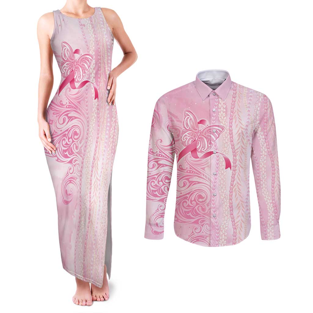 Breast Cancer Awareness Couples Matching Tank Maxi Dress and Long Sleeve Button Shirt Maile Pikake Lokelani Crown Flower Lei Inspired LT9 Pink - Polynesian Pride