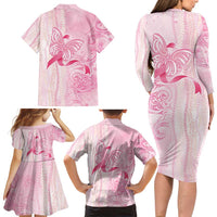 Breast Cancer Awareness Family Matching Long Sleeve Bodycon Dress and Hawaiian Shirt Maile Pikake Lokelani Crown Flower Lei Inspired