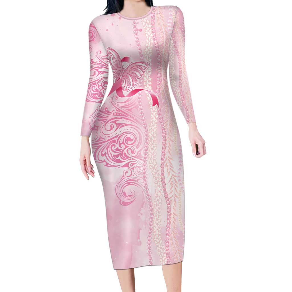 Breast Cancer Awareness Family Matching Long Sleeve Bodycon Dress and Hawaiian Shirt Maile Pikake Lokelani Crown Flower Lei Inspired