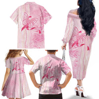 Breast Cancer Awareness Family Matching Off The Shoulder Long Sleeve Dress and Hawaiian Shirt Maile Pikake Lokelani Crown Flower Lei Inspired