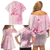Breast Cancer Awareness Family Matching Off Shoulder Short Dress and Hawaiian Shirt Maile Pikake Lokelani Crown Flower Lei Inspired