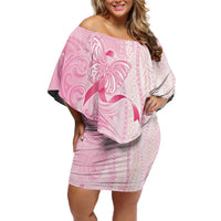 Breast Cancer Awareness Family Matching Off Shoulder Short Dress and Hawaiian Shirt Maile Pikake Lokelani Crown Flower Lei Inspired