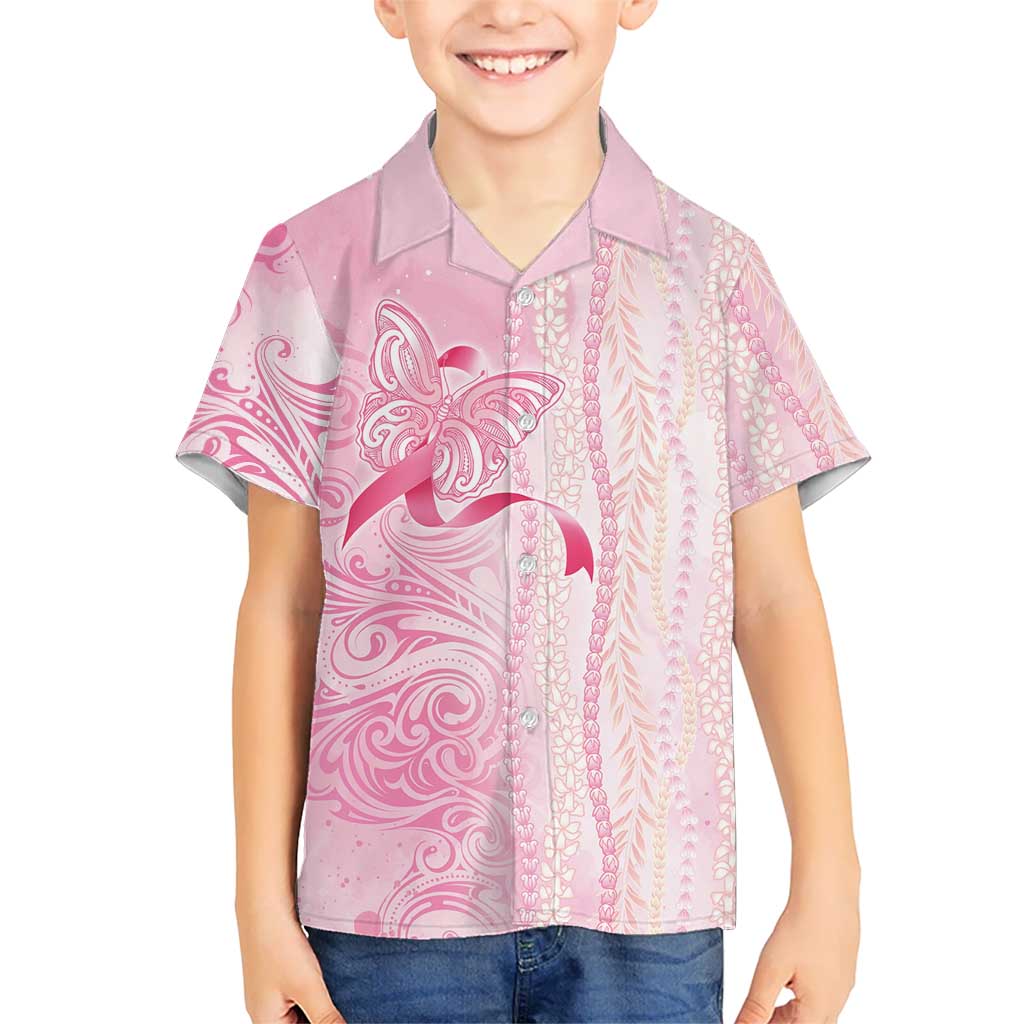 Breast Cancer Awareness Family Matching Off Shoulder Short Dress and Hawaiian Shirt Maile Pikake Lokelani Crown Flower Lei Inspired