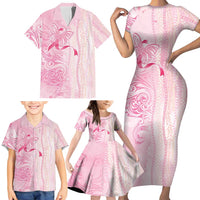 Breast Cancer Awareness Family Matching Short Sleeve Bodycon Dress and Hawaiian Shirt Maile Pikake Lokelani Crown Flower Lei Inspired