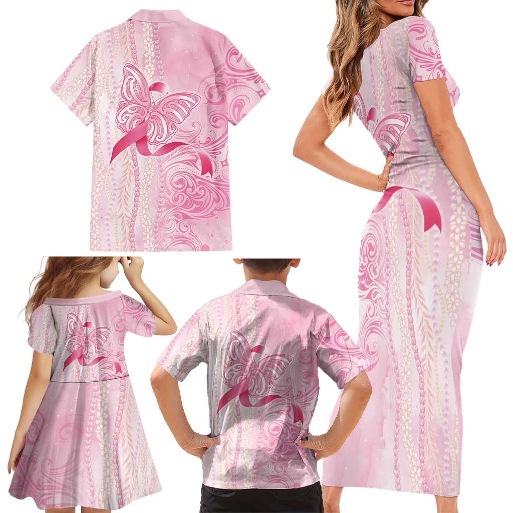 Breast Cancer Awareness Family Matching Short Sleeve Bodycon Dress and Hawaiian Shirt Maile Pikake Lokelani Crown Flower Lei Inspired