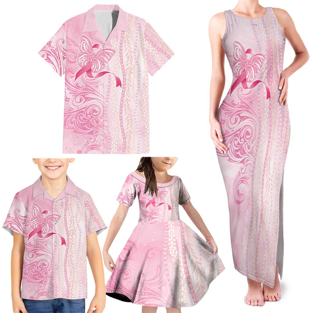 Breast Cancer Awareness Family Matching Tank Maxi Dress and Hawaiian Shirt Maile Pikake Lokelani Crown Flower Lei Inspired