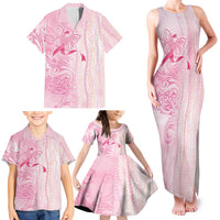 Breast Cancer Awareness Family Matching Tank Maxi Dress and Hawaiian Shirt Maile Pikake Lokelani Crown Flower Lei Inspired
