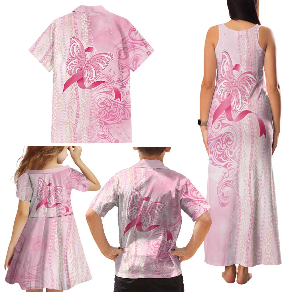 Breast Cancer Awareness Family Matching Tank Maxi Dress and Hawaiian Shirt Maile Pikake Lokelani Crown Flower Lei Inspired
