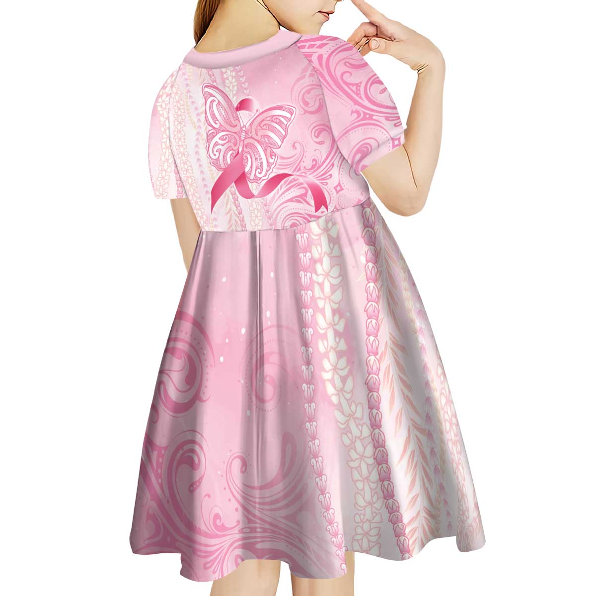 Breast Cancer Awareness Kid Short Sleeve Dress Maile Pikake Lokelani Crown Flower Lei Inspired