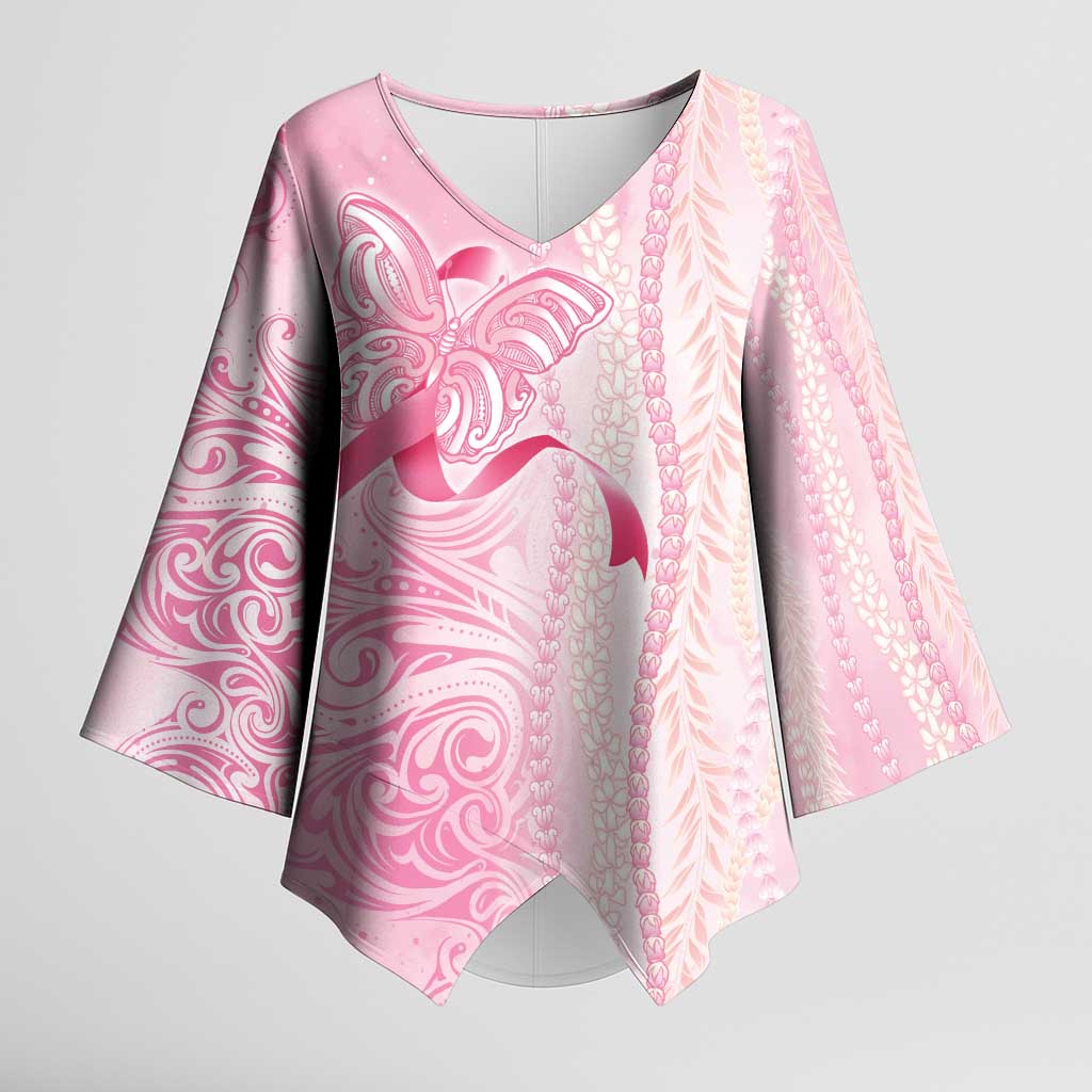 Breast Cancer Awareness Kimono Sleeve Blouse Maile Pikake Lokelani Crown Flower Lei Inspired