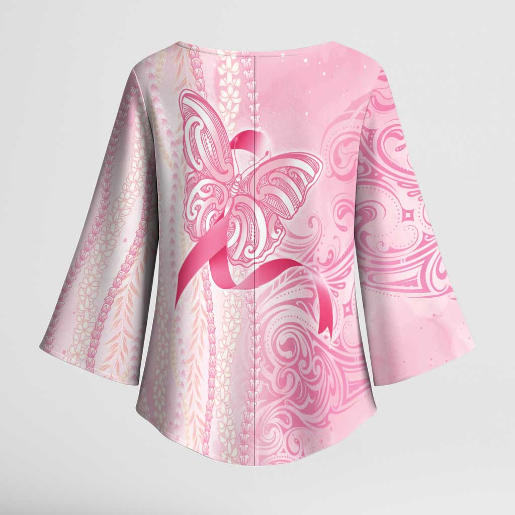 Breast Cancer Awareness Kimono Sleeve Blouse Maile Pikake Lokelani Crown Flower Lei Inspired
