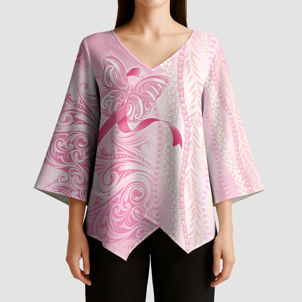 Breast Cancer Awareness Kimono Sleeve Blouse Maile Pikake Lokelani Crown Flower Lei Inspired