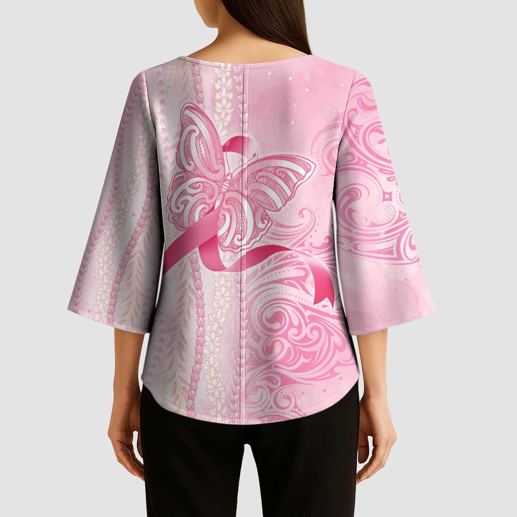 Breast Cancer Awareness Kimono Sleeve Blouse Maile Pikake Lokelani Crown Flower Lei Inspired