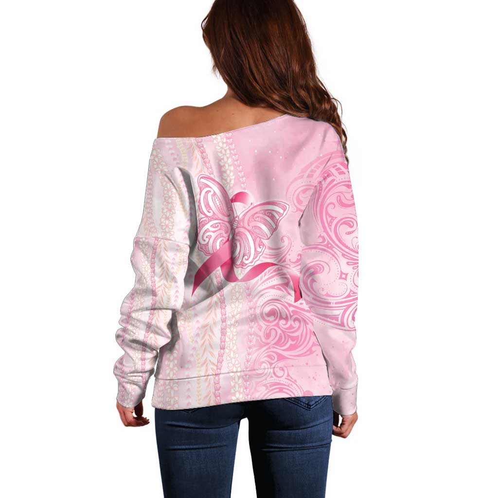 Breast Cancer Awareness Off Shoulder Sweater Maile Pikake Lokelani Crown Flower Lei Inspired LT9 - Polynesian Pride